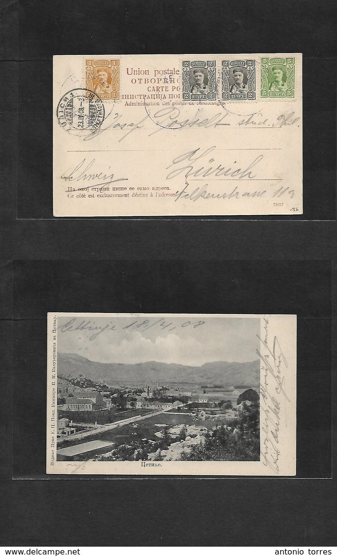 Montenegro. 1908 (18 April) Cettinje - Switzerland, Zurich (23 April) Tricolor Multifkd Card. Fine Used. - Montenegro