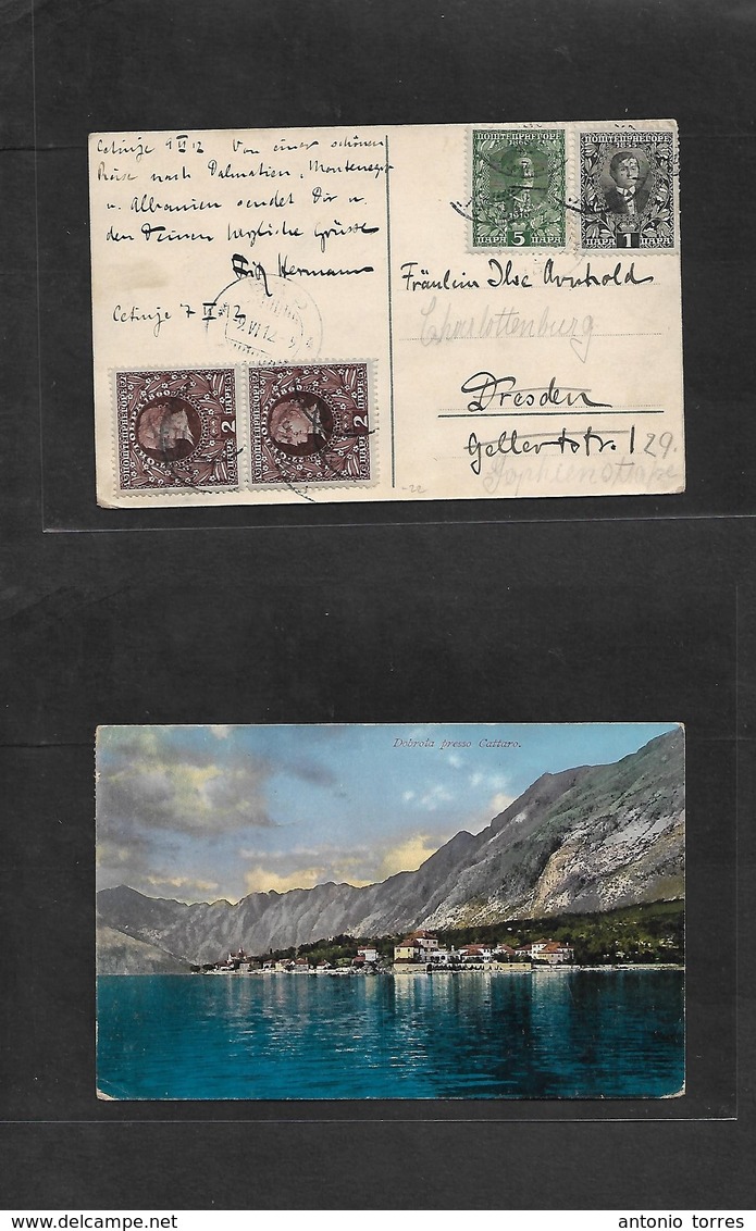 Montenegro. 1912 (7 Feb) Cettinje - Germany, Dresden. Tricolor Multifkd Ppc. Dobrola Village View. Nice Item. - Montenegro