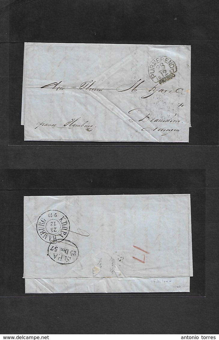 Netherlands. 1857 (23 Dec) Purmerend - Norway, Drammen. EL Full Text, Depart Ds + "Franco Hamburg" Cash Paid. Reverse KD - Other & Unclassified