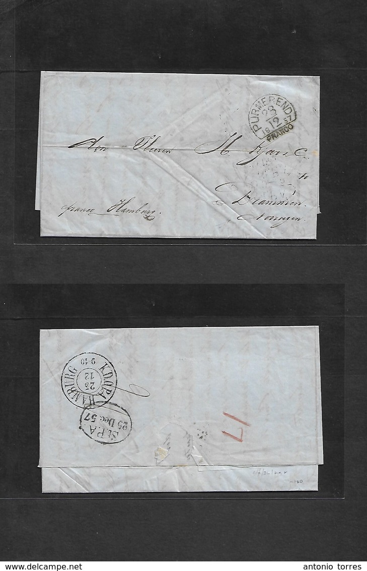 Netherlands. 1857 (23 Dec) Purmerend - Norway, Drammen. EL Full Text, Depart Ds + "Franco Hamburg" Cash Paid. Reverse KD - Autres & Non Classés