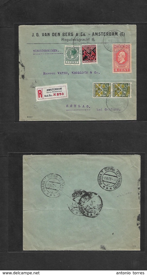 Netherlands. 1928 (6 Nov) Amsterdam - Schlag, Gablonz, Czech Republic. Registered Multifkd Comercial Envelope. VF. - Andere & Zonder Classificatie