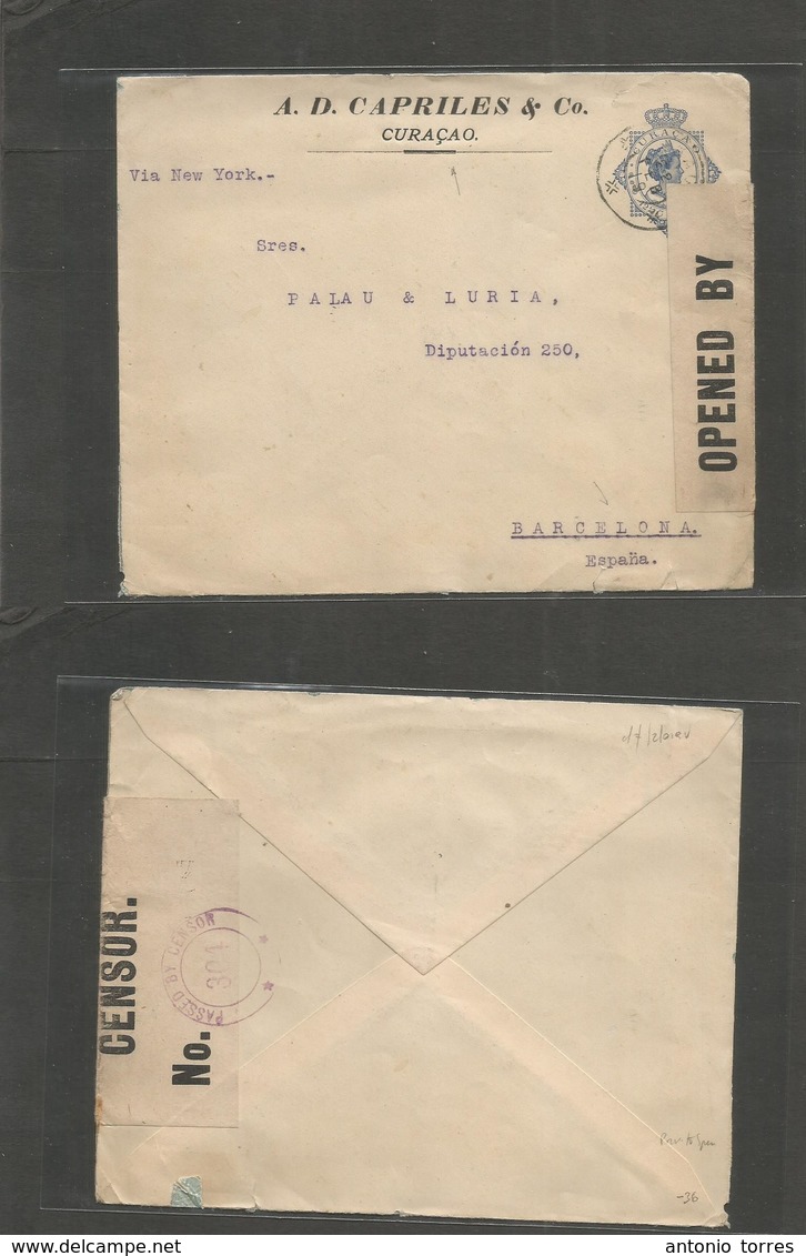 Curaçao. 1919 (Feb 22) GPO - Spain, Barcelona. Private Print Cº 12 1/2c Blue Stat Env, British Censored Label. Scarce De - Curazao, Antillas Holandesas, Aruba