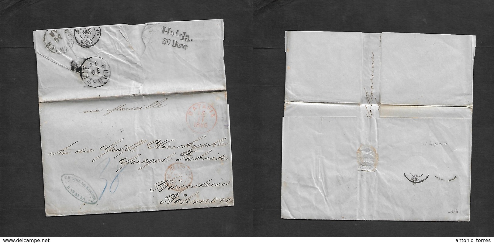Dutch Indies. 1866 (15 Nov) Batavia - Burgstein, Bohemia, Haida, Czechoslovakia (30 Dec) Stampless EL With Complete Text - India Holandeses