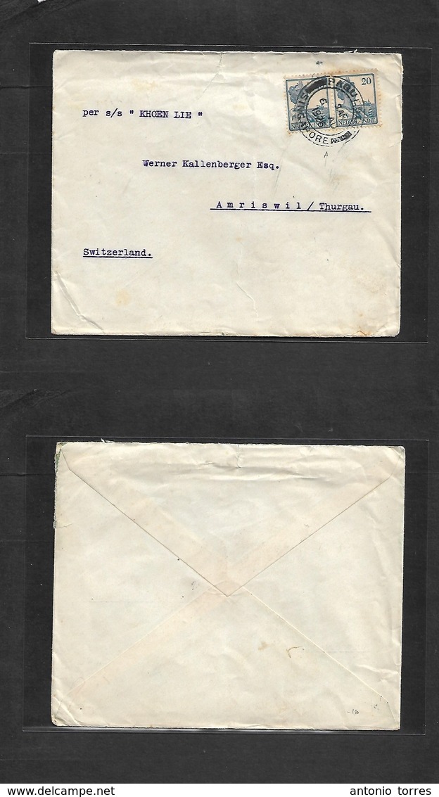 Dutch Indies. 1926. Fkd Envelope 20c Blue Pair Tied "Paquebot SINGAPORE / 6 AUG 26" Cds (xxx) VF Item Endorsed Per "SS K - Netherlands Indies