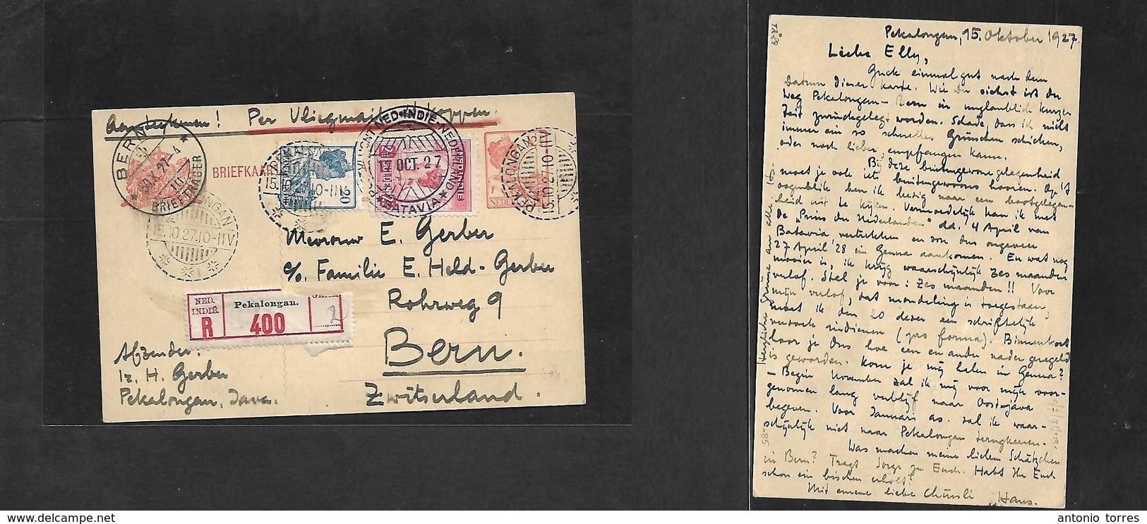 Dutch Indies. 1927 (15 Oct) Pekalongan - Switzerland, Bern (30 Oct) Registered Aimail Orange Stat Card + 3 Adtls Incl Ai - India Holandeses
