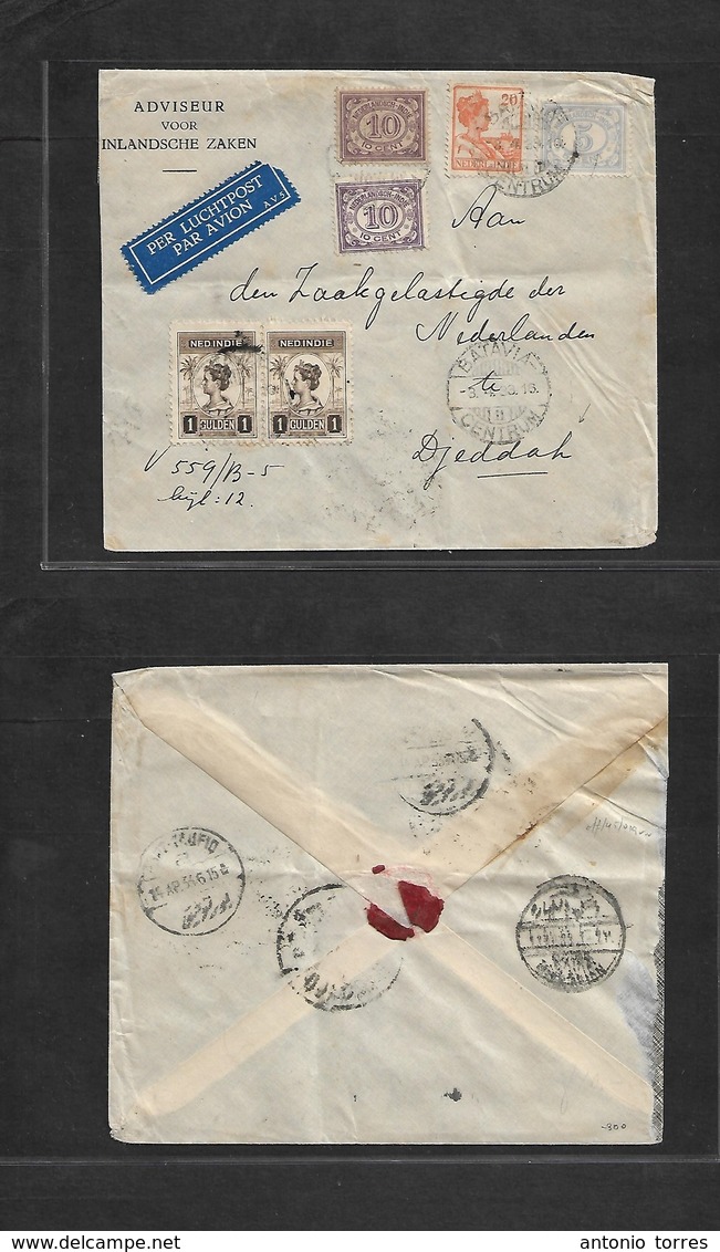 Dutch Indies. 1933 (3 Apr) Batavia - Saudi Arabia, Djeddah. Via Port Taufik - Cairo. Air Multifkd Comercial Envelope. Hu - Indes Néerlandaises