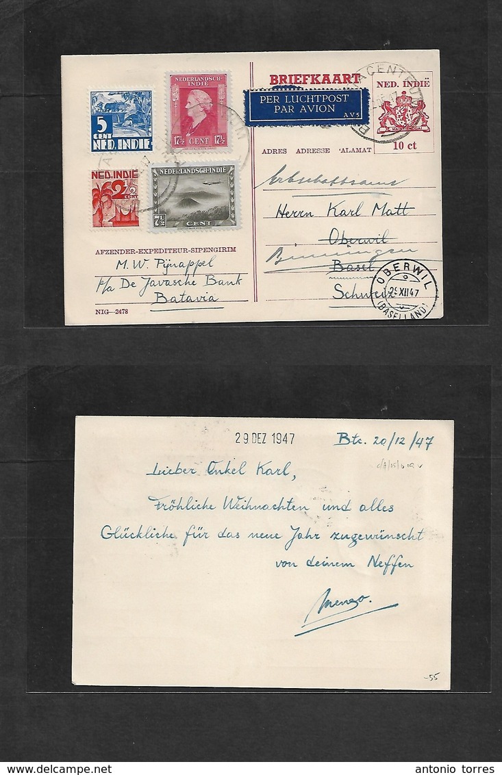 Dutch Indies. 1947 (22 Dec) Batavia - Switzerland, Basel (29 Dec) Air Multifkd 10 Cts Red Stat Card. Fine Used. - Netherlands Indies