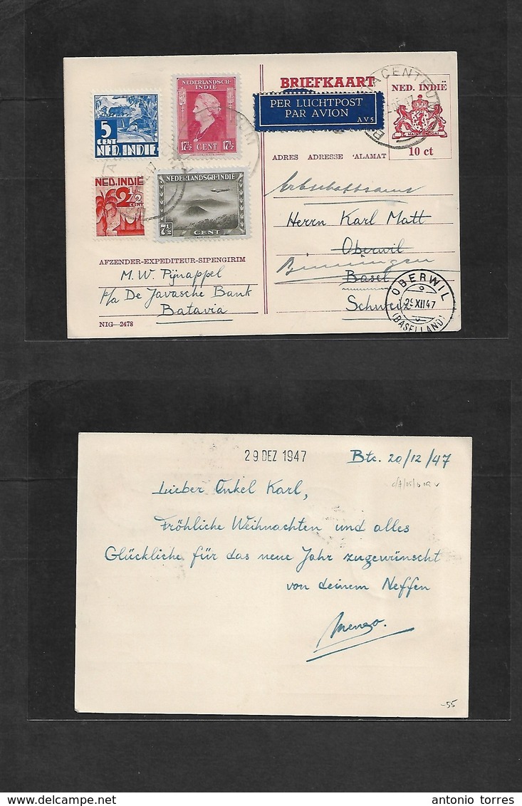 Dutch Indies. 1947 (22 Dec) Batavia - Switzerland, Basel (29 Dec) Air Multifkd 10 Cts Red Stat Card. Fine Used. - Nederlands-Indië