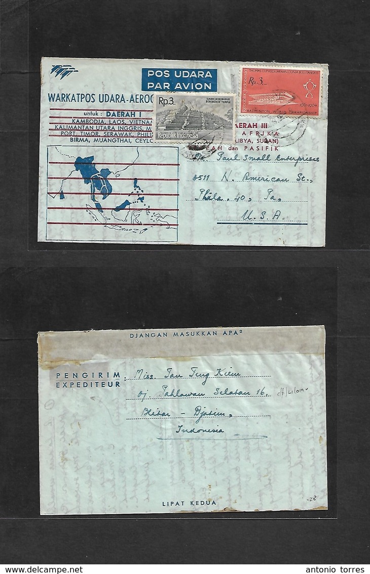 Dutch Indies. 1952 (19 March) Blisas - USA, Pha, PA. Multifkd Air Lettersheet. Stamps Incl Badmington Championship. Fine - Indes Néerlandaises