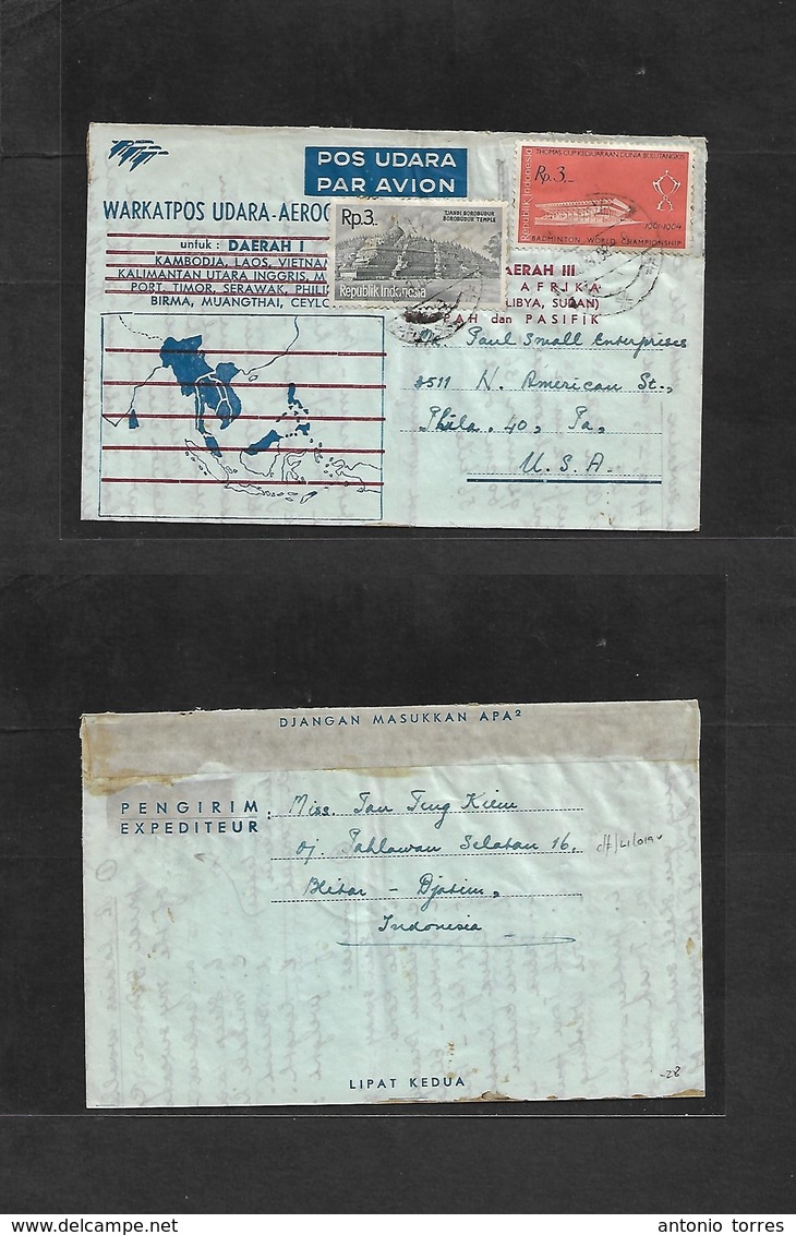 Dutch Indies. 1952 (19 March) Blisas - USA, Pha, PA. Multifkd Air Lettersheet. Stamps Incl Badmington Championship. Fine - Nederlands-Indië