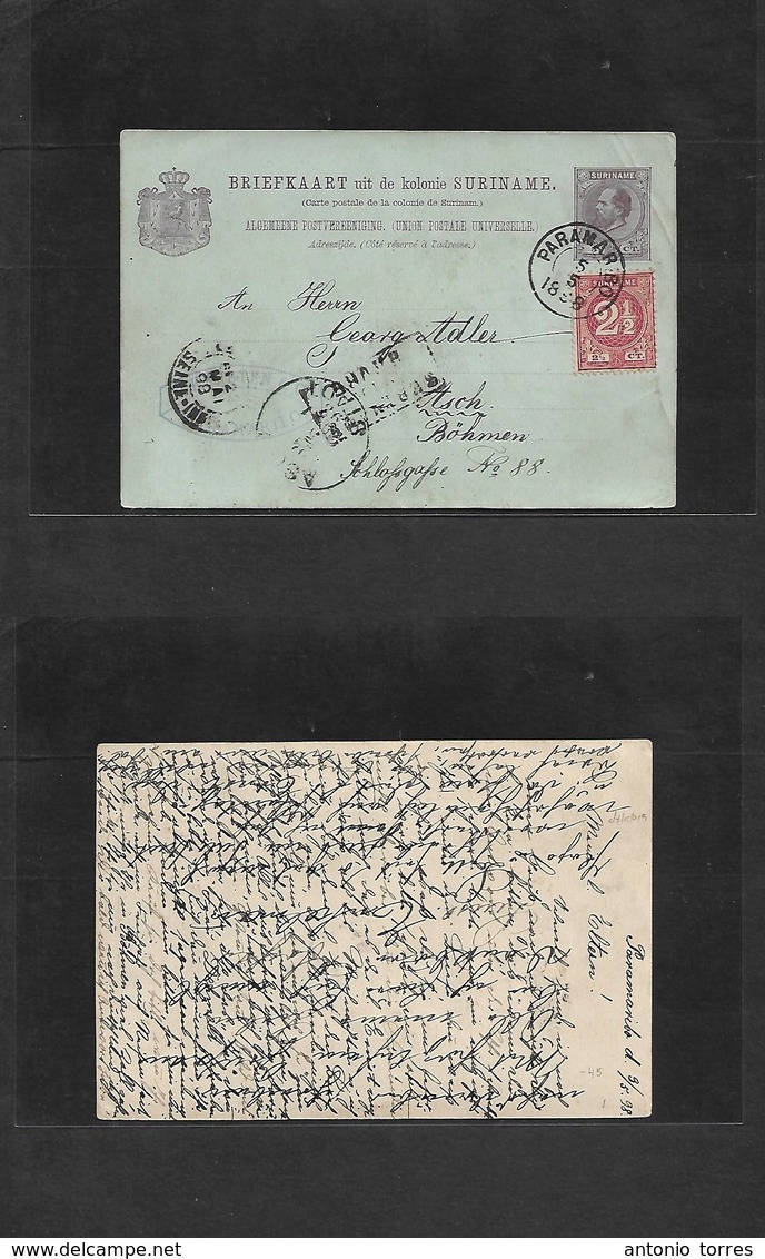 Suriname. 1890 (5 May) Paramaribo - Bohemia, Asch, Czechoslovakia (22 May) Via France, Harpe. 5c Lilac + Adtl Stat Card. - Suriname