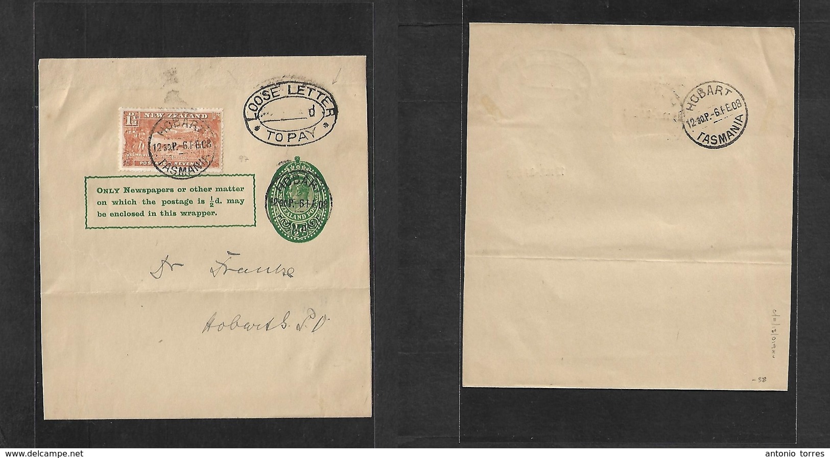 New Zealand. 1908 (6 Feb) Hobart Town Local 1/2d Green Complete Stat Wrapper + 1 1/2d Adtl, Cds + Tax Pmk "Loose Letter  - Other & Unclassified