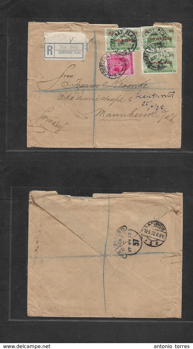 New Zealand. 1922 (10 A`ril) Conrtney Place - Germany, Matinheim (19 May) Via London. Registered Multifkd Envelope + R - - Autres & Non Classés