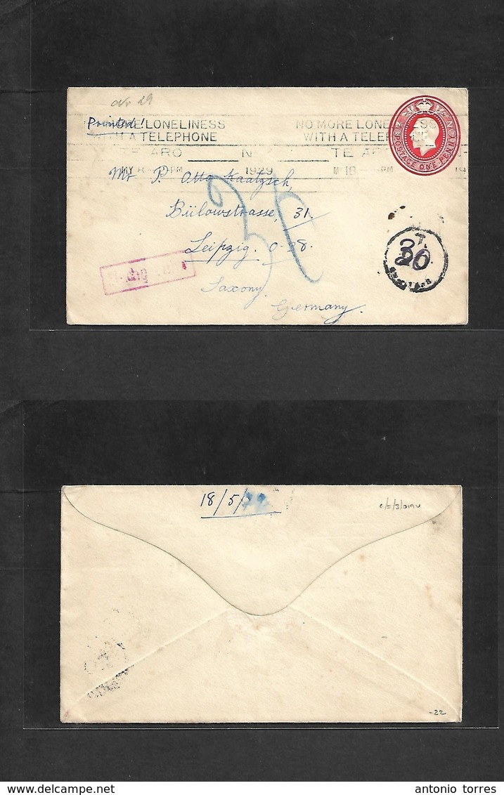 New Zealand. 1929 (18 May) Te Aro - Germany, Saxony 1d Red Stat Env + Slogan Telephone Cachet + Taxed + Aux Cachet + Arr - Autres & Non Classés