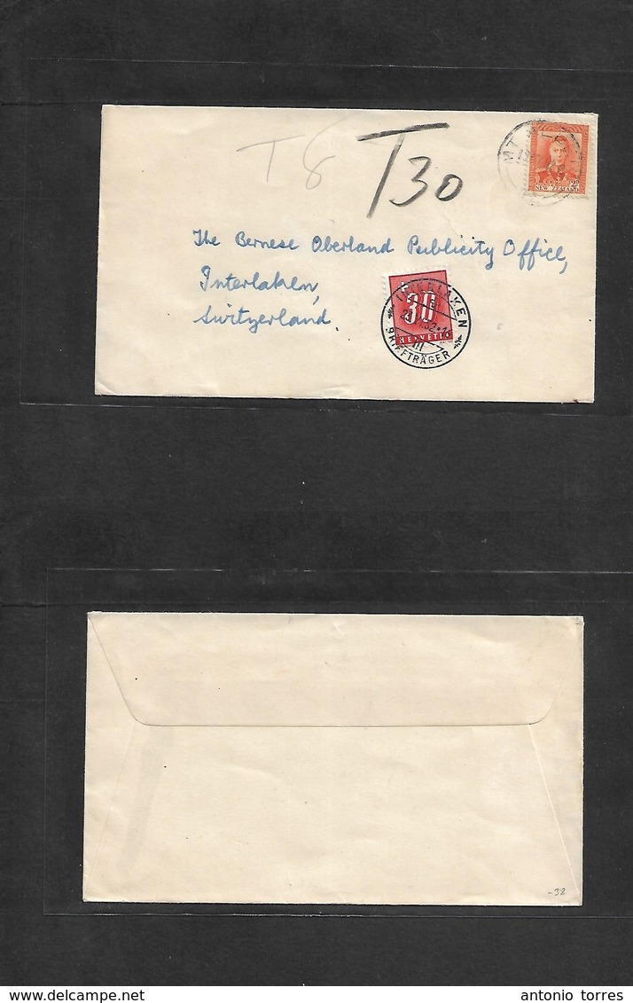 New Zealand. 1952 (19 May) Mt. Albert - Switzerland, Interlaken (2 June) Fkd Env + Taxed + Swiss P. Due. 30c Red Tied Cd - Other & Unclassified