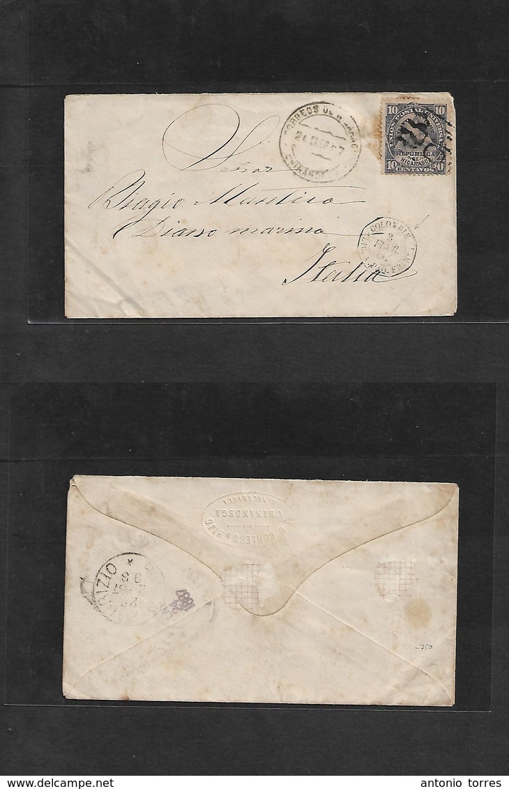 Nicaragua. 1887 (20 Enero) Chinandenga - Italy, Porto Maurizio (26 Feb) Fkd Env With 10c Lilac, Tied "8/6" Box Cancel Vi - Nicaragua