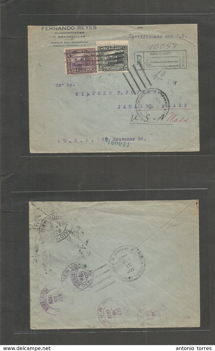 Nicaragua. 1928 (31 Ago) Managua - USA, Jamaica Plain (16-18 Sept), Mass. Fkd. Resello Issue Ovptd Stamps Multifkd Envel - Nicaragua