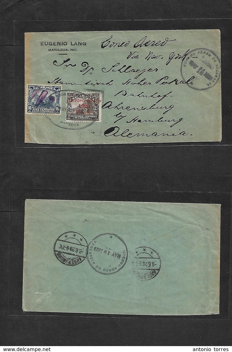 Nicaragua. 1929 (16 May) Managua - Germany, Hamburg (3 June) Air Fkd Env + Ovptd Issue. Air Cachet. - Nicaragua