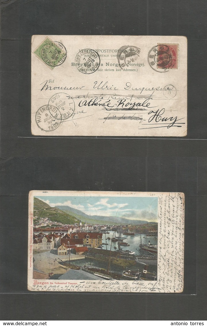 Norway. 1902 (30 June) Bergen - Belgium, Hug (8 July) Fkd Ppc + New Belgium 5c, Cancelled Trilemont (7 July) Nice Fine B - Other & Unclassified