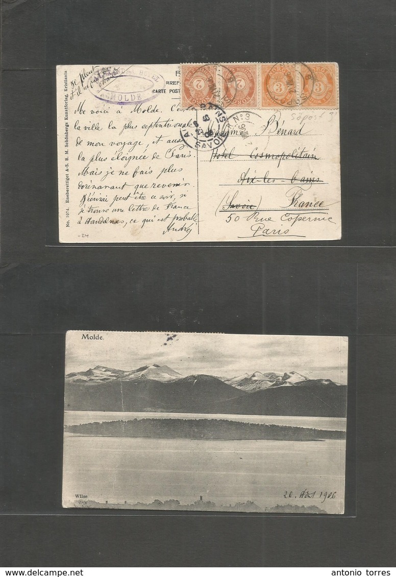 Norway. 1906 (21 Aug) Molde - France (25 Aug), Paris. Multifkd Ppc, Sopost Nº3 Cds. Fine. - Otros & Sin Clasificación
