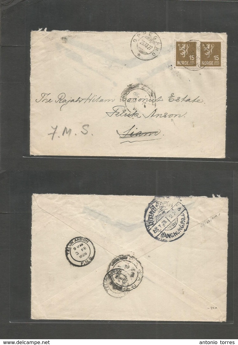 Norway. 1927 (26 Dec) Oppegard - Malaysia, Teluk Anson FMS (3 Feb 28) Fkd Env Via Bangkok, Penang. VF Used + Dest Area. - Otros & Sin Clasificación