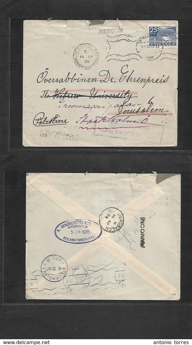 Palestine. 1935 (4 April) Sweden, Norrk - Jerusalem (14 Apr) Fkd Env + Hebrew University - INCONNU + RETOUR + Bilingual  - Palestine
