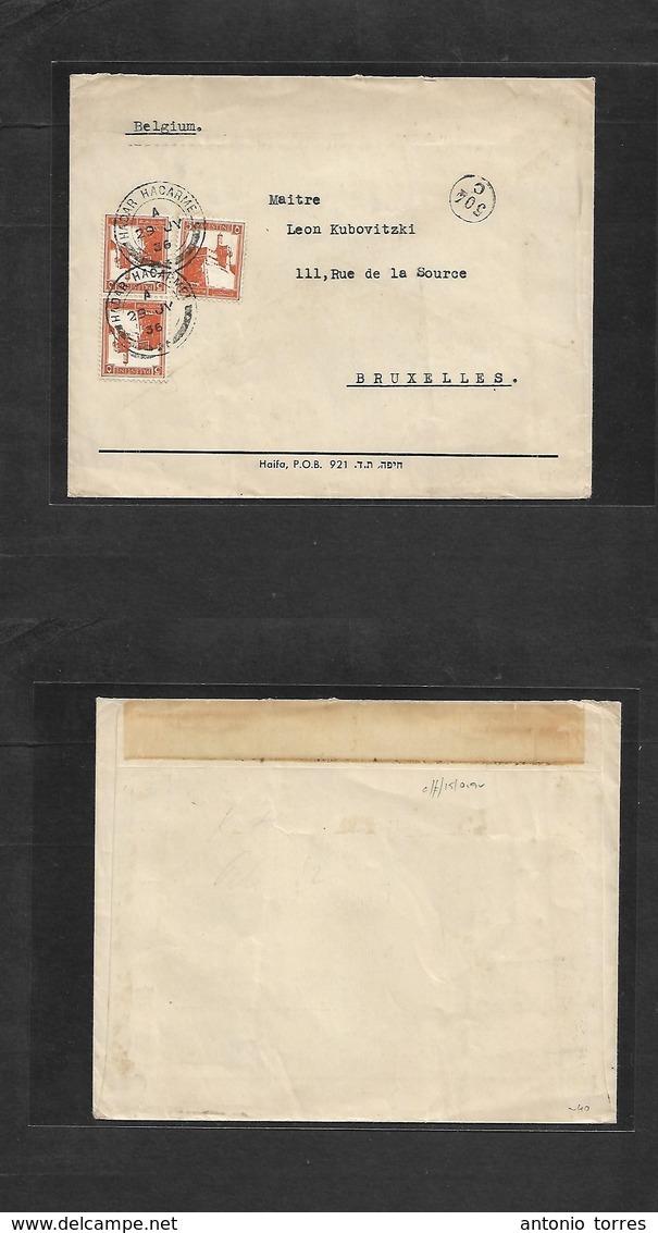 Palestine. 1936 (29 July) Hadar Hacarme - Belgium, Bruxelles. Multifkd Envelope, Tied Cds. VF. - Palestine