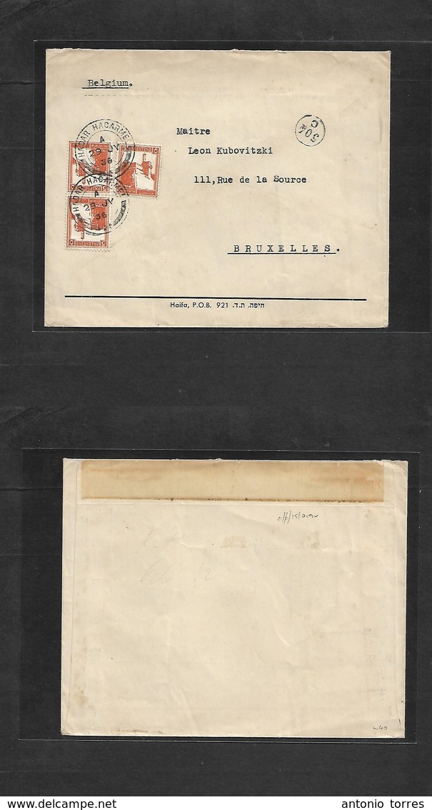 Palestine. 1936 (29 July) Hadar Hacarme - Belgium, Bruxelles. Multifkd Envelope, Tied Cds. VF. - Palestina