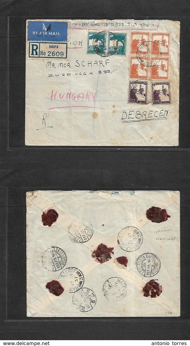 Palestine. 1937 (12 July) Haifa - Debrecen, Hungary (18 July) Registered Air Multifkd Envelope R-label + R-cachet. Rever - Palestina