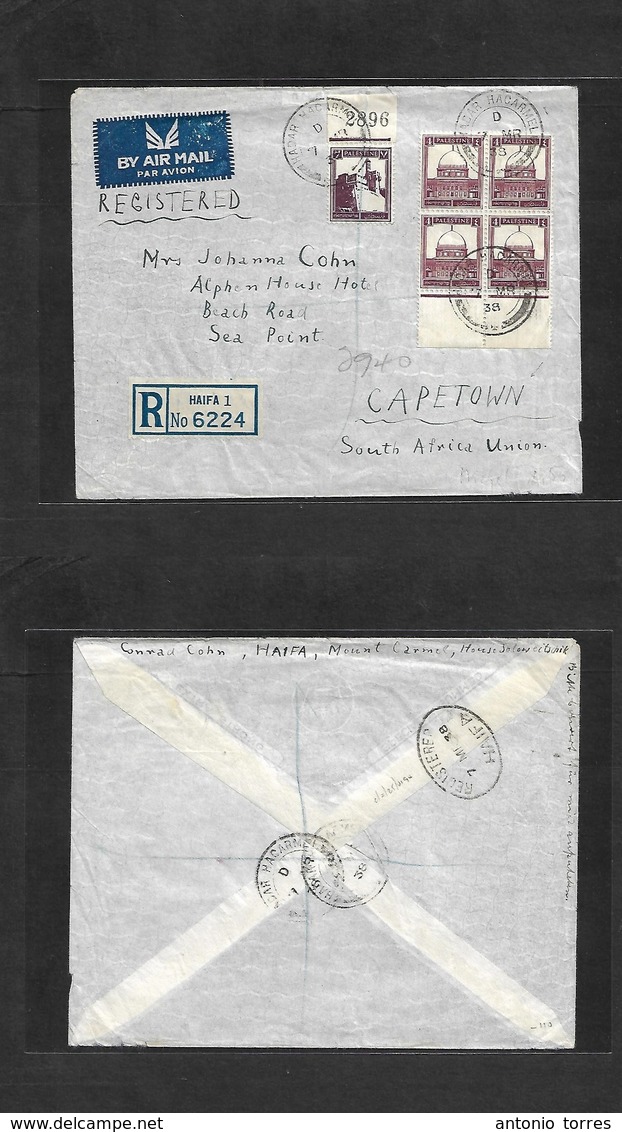 Palestine. 1938 (7 March) Madar Macarmel - South Africa, Capetown. Via Haifa. Airmail Registered Multifkd Env Incl Block - Palestina