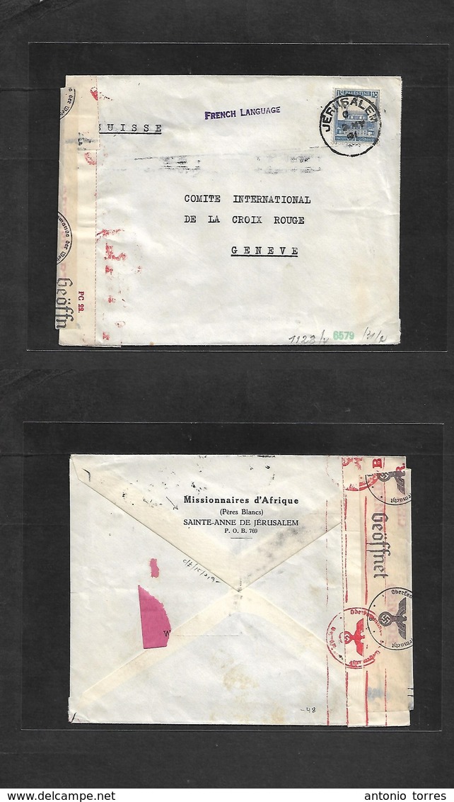 Palestine. 1941 (2 May) Jerusalem - Switzerland, Geneve, Fkd Env. French Language, British Palestine + Nazi Censor Label - Palestina