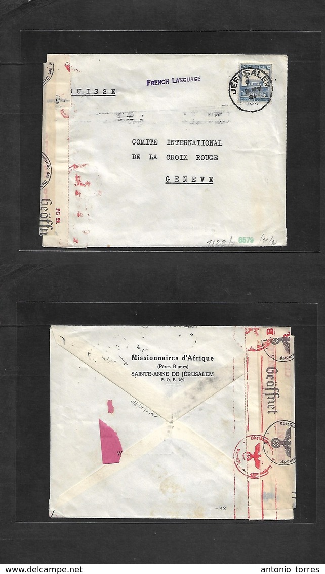 Palestine. 1941 (2 May) Jerusalem - Switzerland, Geneve, Fkd Env. French Language, British Palestine + Nazi Censor Label - Palestine