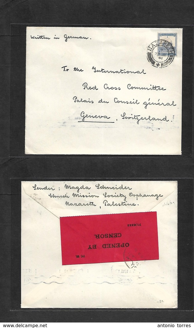Palestine. 1941 (23 June) Nazareth, Church Mission Orphanage. Single Fkd + Depart Censor Red Label Envelope Addrese To R - Palestina