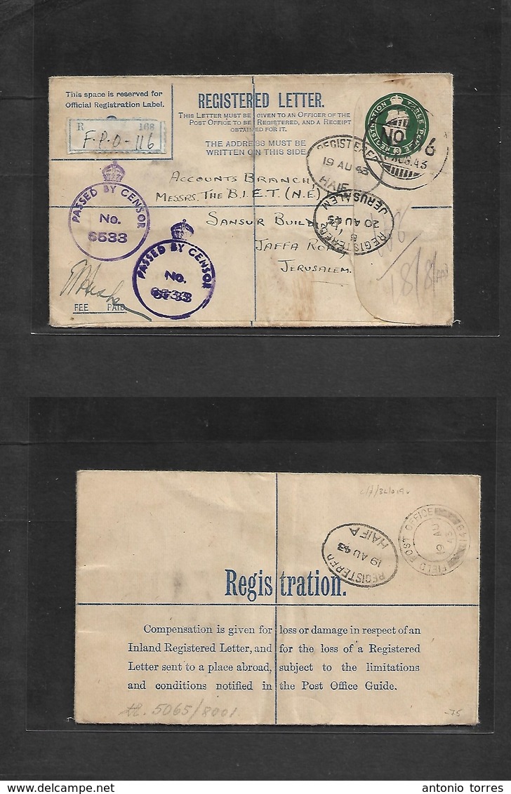 Palestine. 1943 (19 Aug) Haifa - Jerusalem. FPO 116 Military Mail WWII. British 3d Blue GB Registered Stat Env + Mns Reg - Palestine