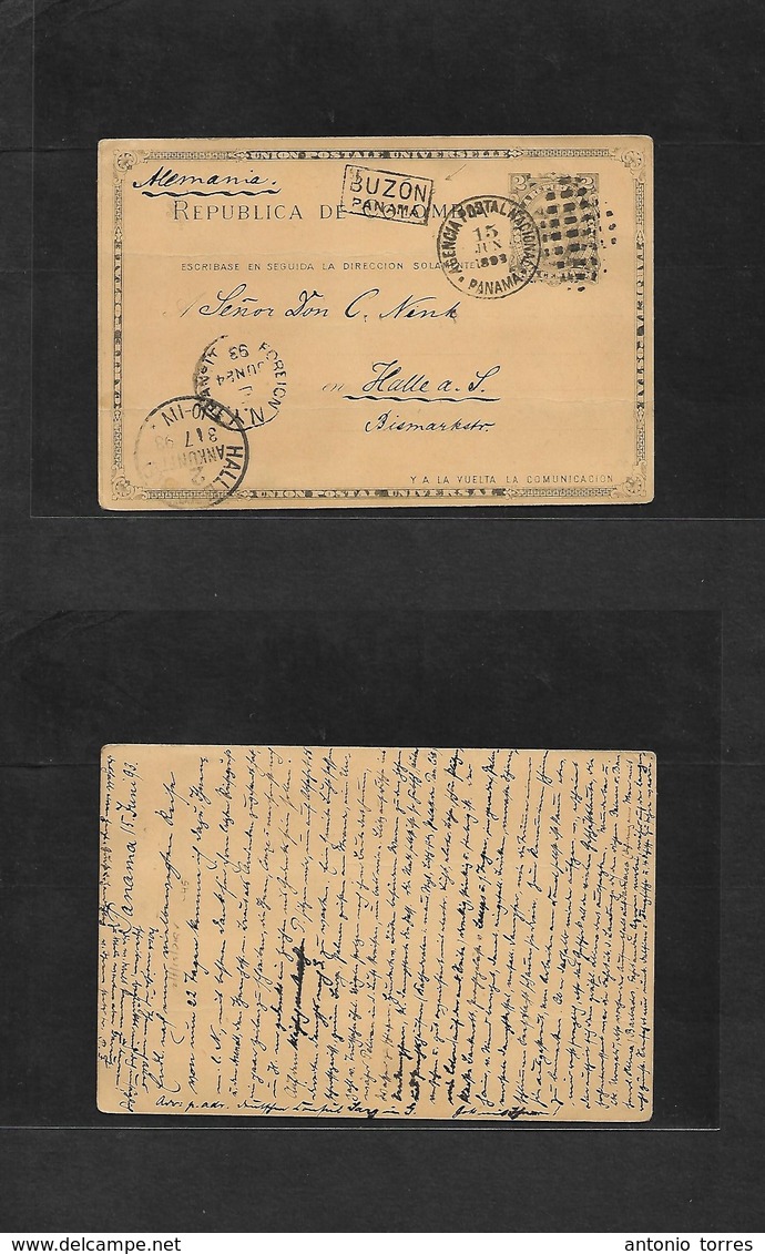 Panama. 1893 (15 June) GPO - Germany, Halle (31 July) 2c Black / Yellow Stat Card, Boxed "BUZON PANAMA" (xxx) Via NYC (2 - Panama