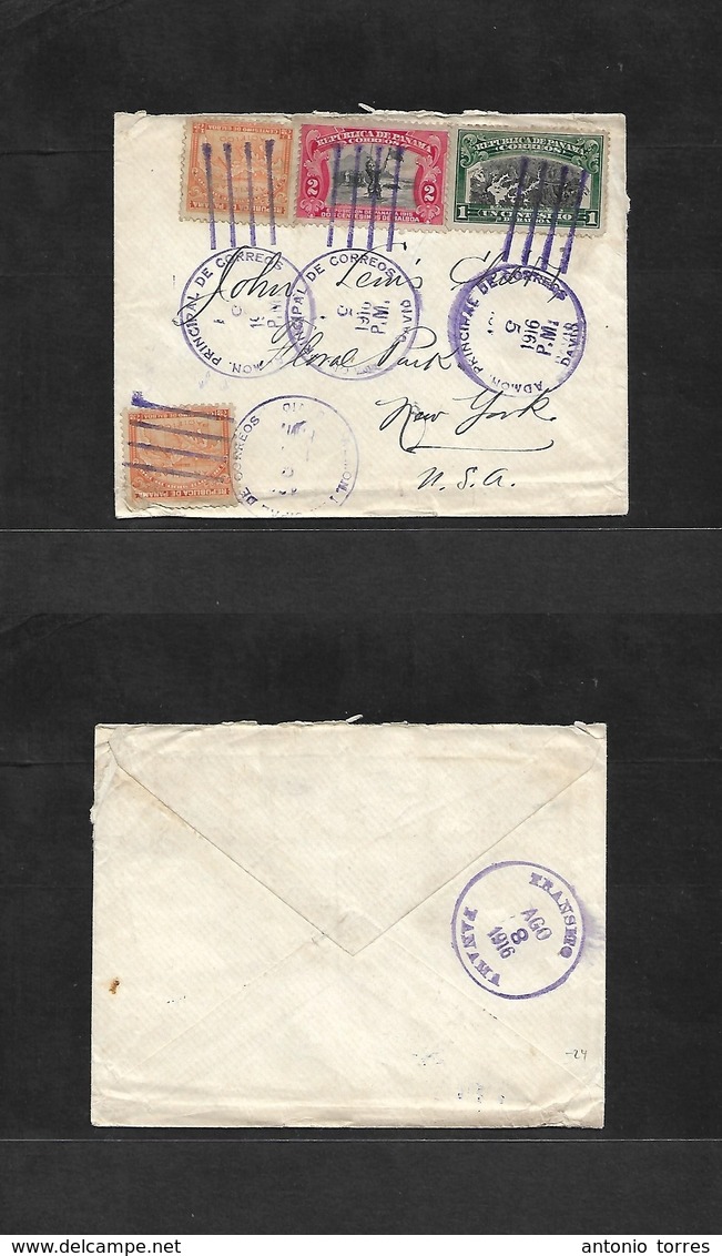 Panama. 1916 (5 Aug) David - USA, NYC. Multicolor Env Incl Balboa Issue (x2 Diff) Aesthetic Item. - Panama