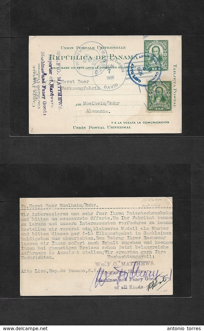 Panama. 1926 (4 June) Alto Lino - Germany, Muelheim. Via Daid - Panama. B. 001 Green Stat Card + Adtl, Tied Blue Cds. VF - Panama