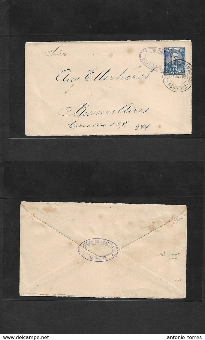 Paraguay. C, 1899. Asuncion - Argentina, Buenos Aires. 10c Blue Stat Envelope, With Comercial Control Cachet CANCEL "Fed - Paraguay