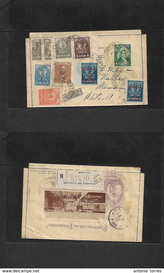 Paraguay. 1902 (29 Ago) Asuncion - Germany, Hamburg (13 Sept) Registered 4c Green Illustrated Stationary Lettersheet + 9 - Paraguay