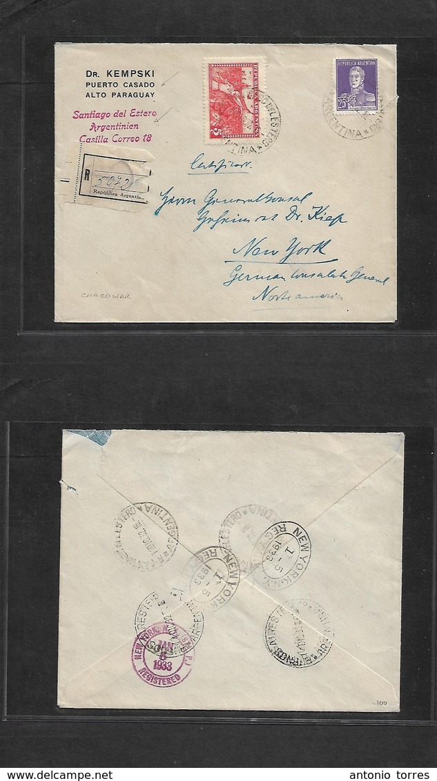 Paraguay. 1932 (12 Dec) Chaco War. Santiago Del Estero, Argentina - USA, NYC (5 Jan 33) Registered Multifkd Ecov. Cover  - Paraguay