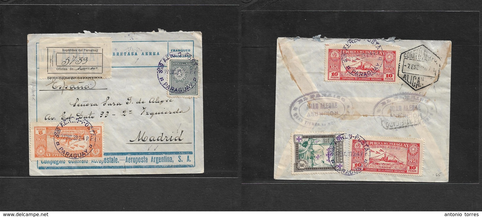 Paraguay. 1933 (27 Dic) Asuncion - Madrid, Spain (9 Enero) Registered Air Multifkd (front + Reverse) Envelope. Via Frenc - Paraguay