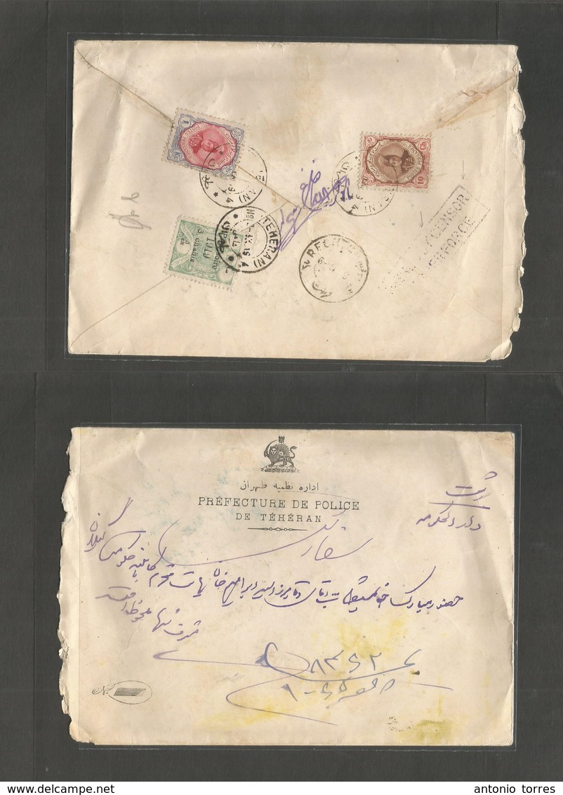 Persia. 1919 (2 Sept) Teheran - Recht (6 Sept) Reverse Multifkd Env. British Censor Lilac Cachet. Mixed Issues Incl Prov - Iran