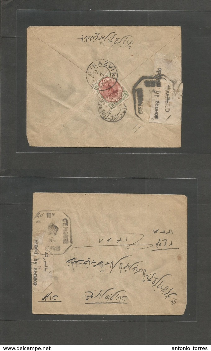 Persia. 1919 (24 Dec) Kazvin - Teheran (27 Dec) Reverse Fkd Env + British Censor Label + British Crown Tied Cachet. - Iran