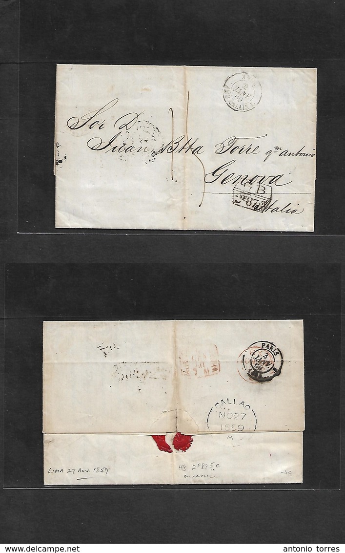 Peru. 1859 (27 Nov) Lima - Italy, Genova (4 Jan 60) EL Full Text Via Reverse BPO Callao (A) + 2,87 Frs + "15" Decimas. F - Peru