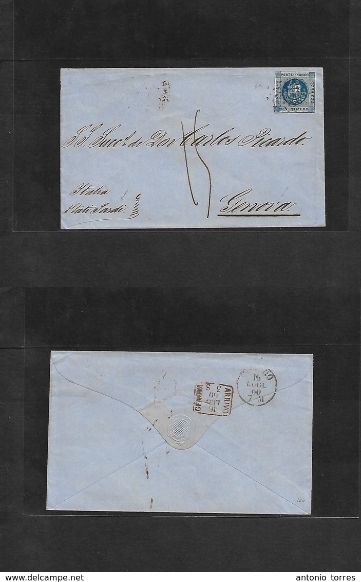 Peru. 1860. Lima - Italy, Genova, Stati Sardi (16 Jan 60) Fkd Env. Un Dinero Blue (6a) Tied Dots Circle. Pre-Italian Uni - Peru