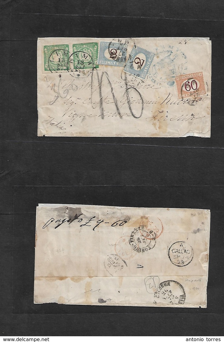 Peru. 1873 (13 Sept) Lima - Italy, Firenze (26 Oct) E Multifkd 1 Dinero Green (x2) Large Margins Via BPO Callao - London - Pérou