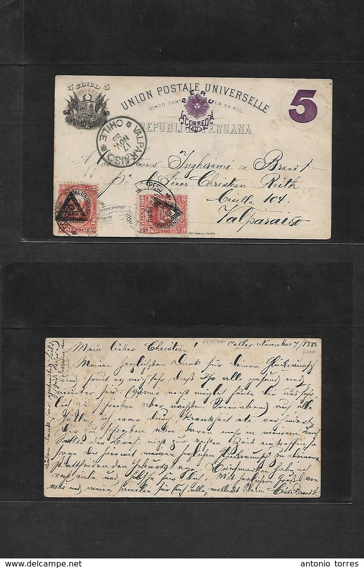 Peru. 1885 (7 Nov) Callao - Chile, Valparaiso (17 Nov) 5c Ovptd Stat Card + 2 Adtls UPU Doble Ovptd 2c Red (x2), Cds. - Peru