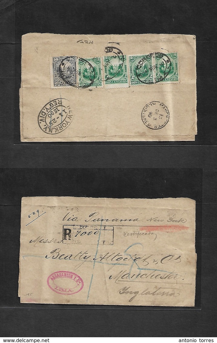 Peru. 1890 (4 Nov) Lima - UK, Manchester (13 Dec) Via Panama. NY Reverse Registered Unoverprinted Issue Samples Complete - Pérou