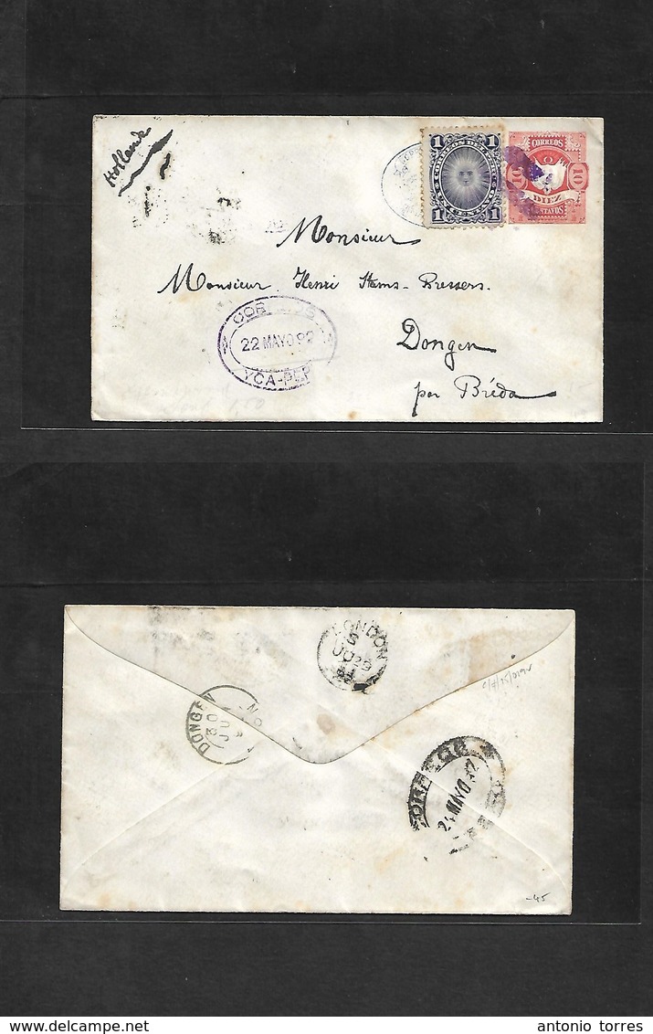 Peru. 1892 (22 May) Yca - Netherlands, Dongen (30 June) 10c Red Stat Env + Adtl 1c, Tied Lilac Cachet Via London. Fine. - Pérou