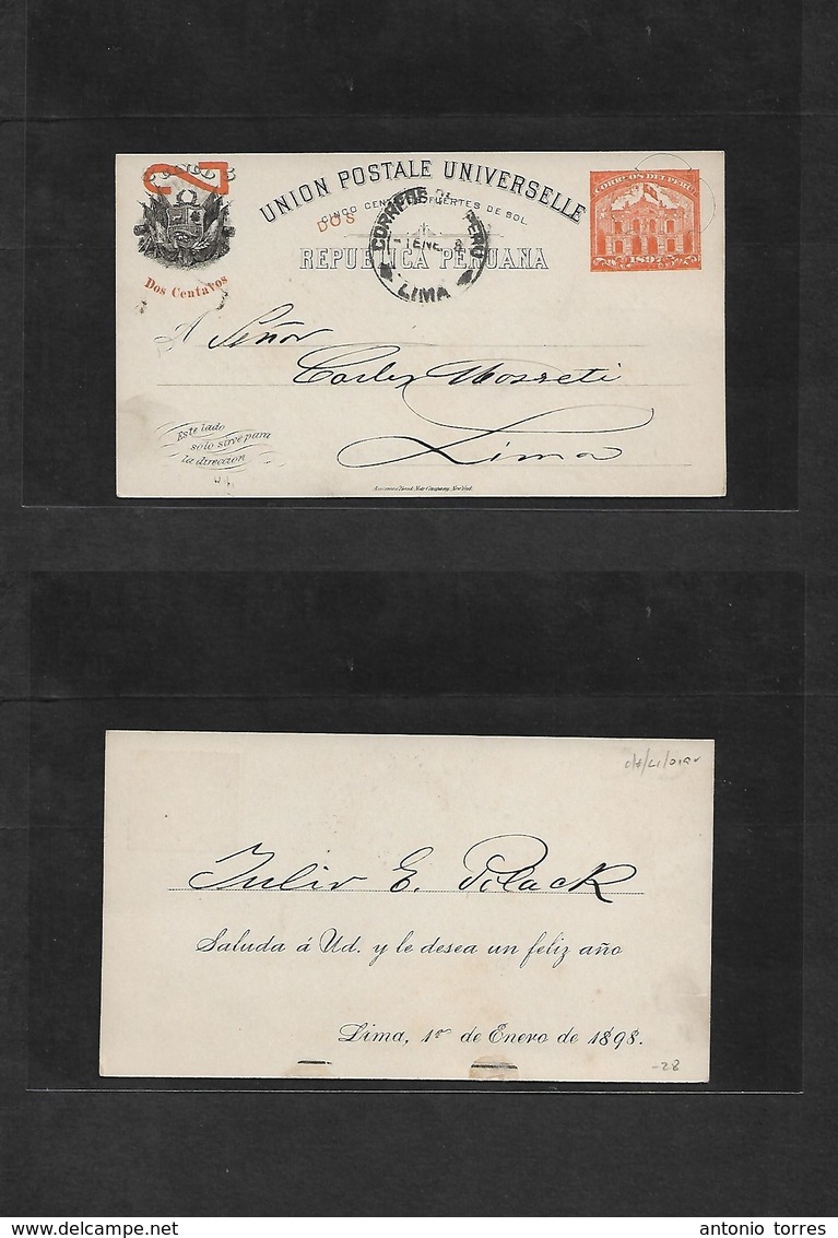 Peru. 1898 (1 Jan) Lima Local Usage. 2c 15c Red Ovptd Stat Card. Fine. - Pérou